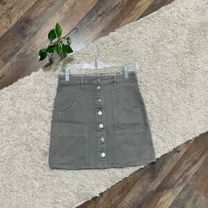 Altar'd State Medium Gray Button Front A-Line High Waisted Denim Mini Skirt